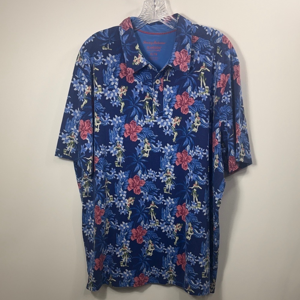 Tommy Bahama Men’s Island Zone hula girl Hawaiian blue polo size XL